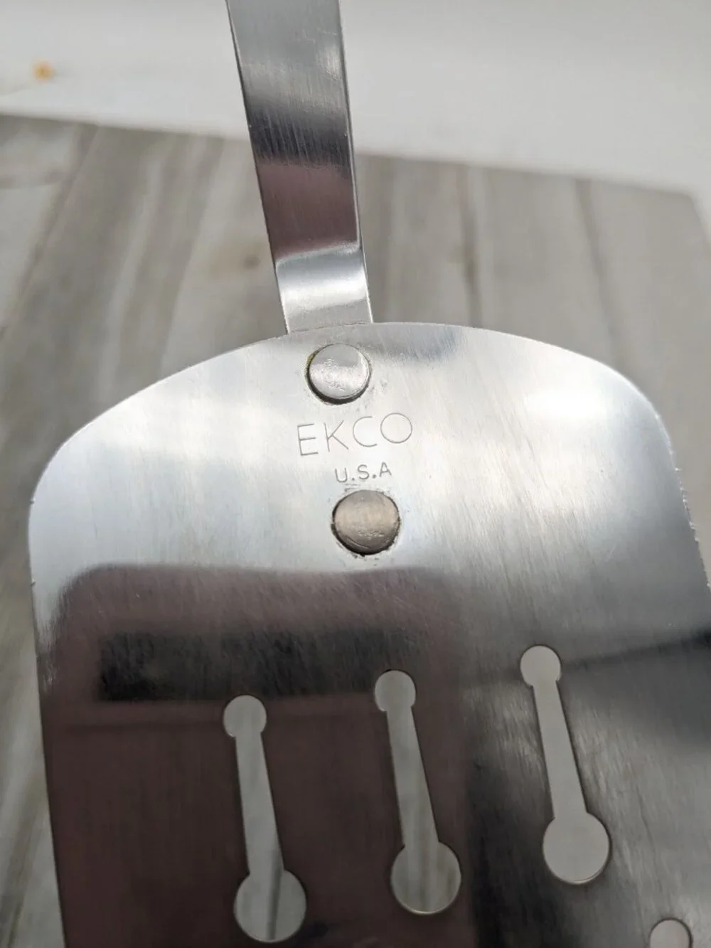 Vintage EKCO USA Short Chromium Plated Slotted Spatula Almond Handle 10 1/2